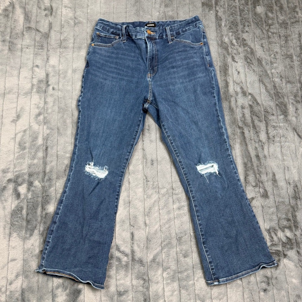 Express Cropped Flare High Rise Ultra Hyper Stretch Jean Blue Distressed L 12-16